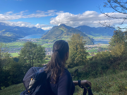 Petra blickt vom Waldrand her über den Talkessel von Schwyz