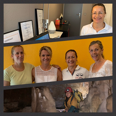 Collage: Petra beim Vitaldatenmessen, Petra mit Team und Upline, Petra in der Höhle