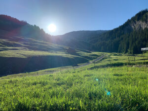 Aufgehende Sommersonne über dem Bergpass Pragelpass